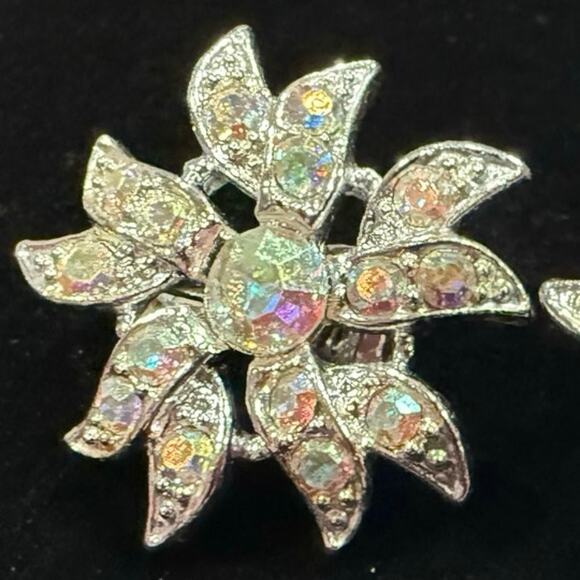 1967 Sarah Coventry Aurora Blaze AB Clip On Earrings Starburst Silvertone - Picture 6 of 10